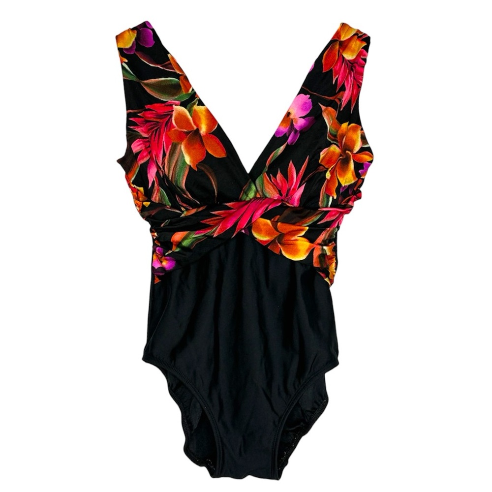 Take Control by Longitude Black Tropical One Piece Swimsuit Vintage Size 10